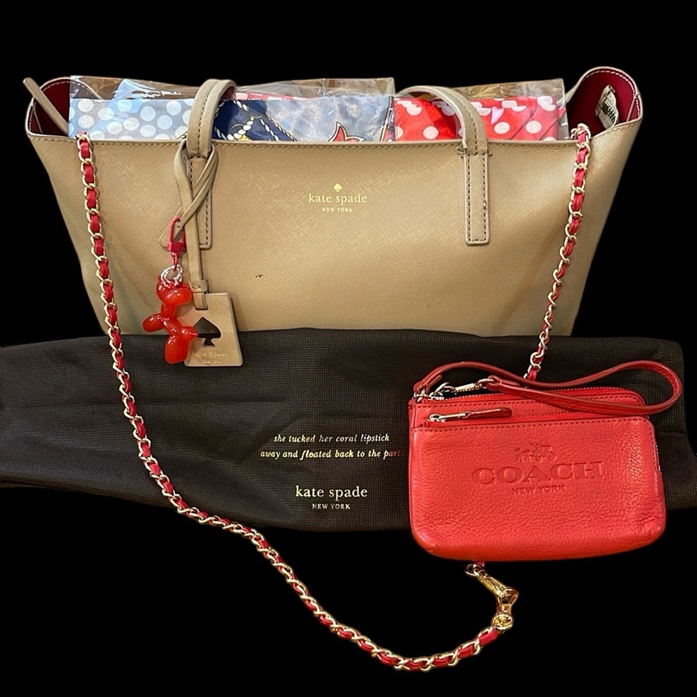 Kate Spade Tan & Red Tote, Coach Wallet, Twillies, Keychain, Xbody Chain & Dusty - Picture 4 of 16
